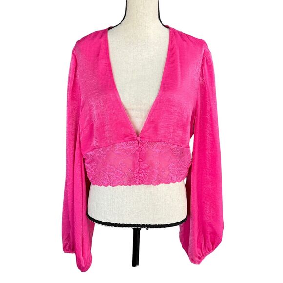 Bar III X-Large Cropped Top Long Balloon Sleeves Lace-Hem Button-Up V-Neck Pink - Picture 2 of 10